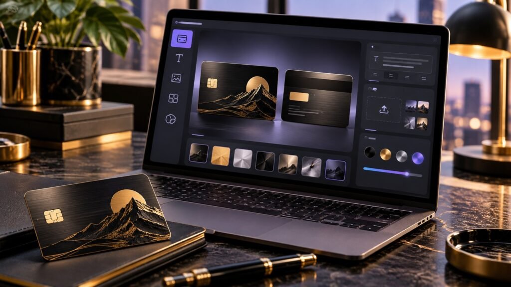 Metal business card with QR code shown on laptop and being scanned by a smartphone.