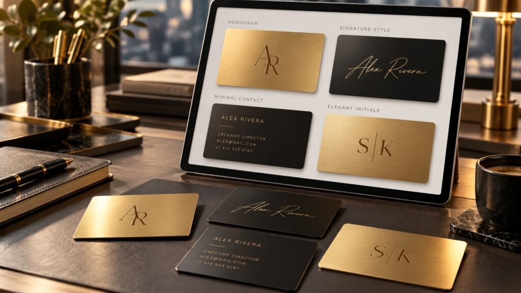 Elegant monogram, signature, and minimal contact text examples on premium metal cards.