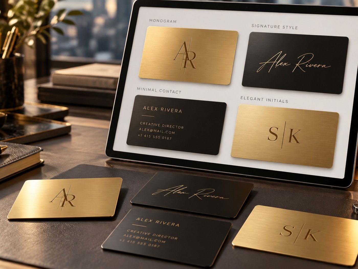 Premium text layout ideas for names, initials, and contact details on custom cards.