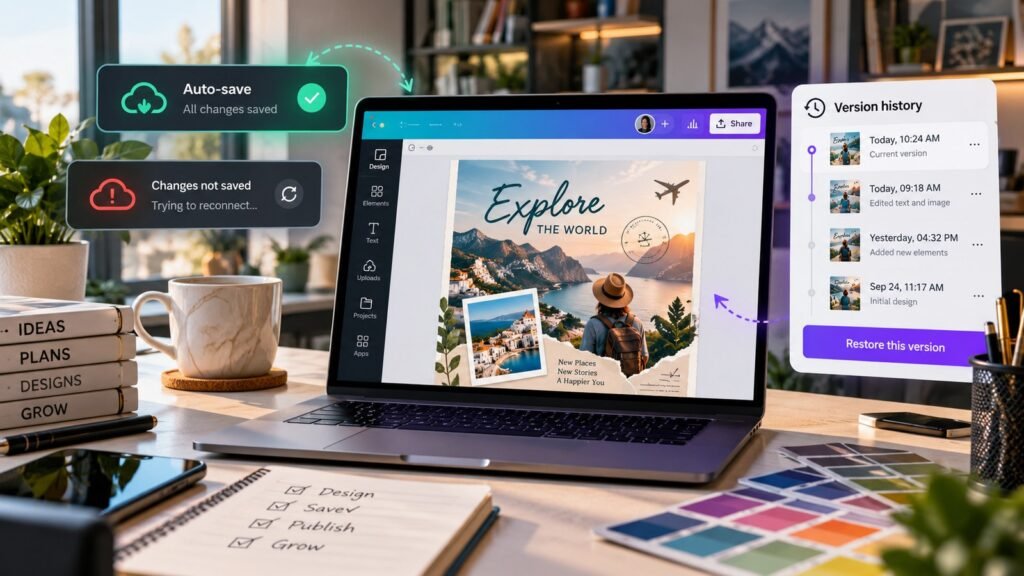 Canva save error and version history recovery concept on a creative laptop workspace