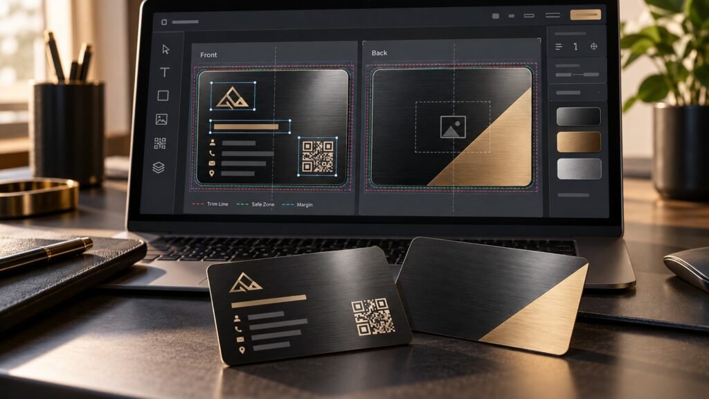 Front and back metal card design editor with layout guides and safe zones.
