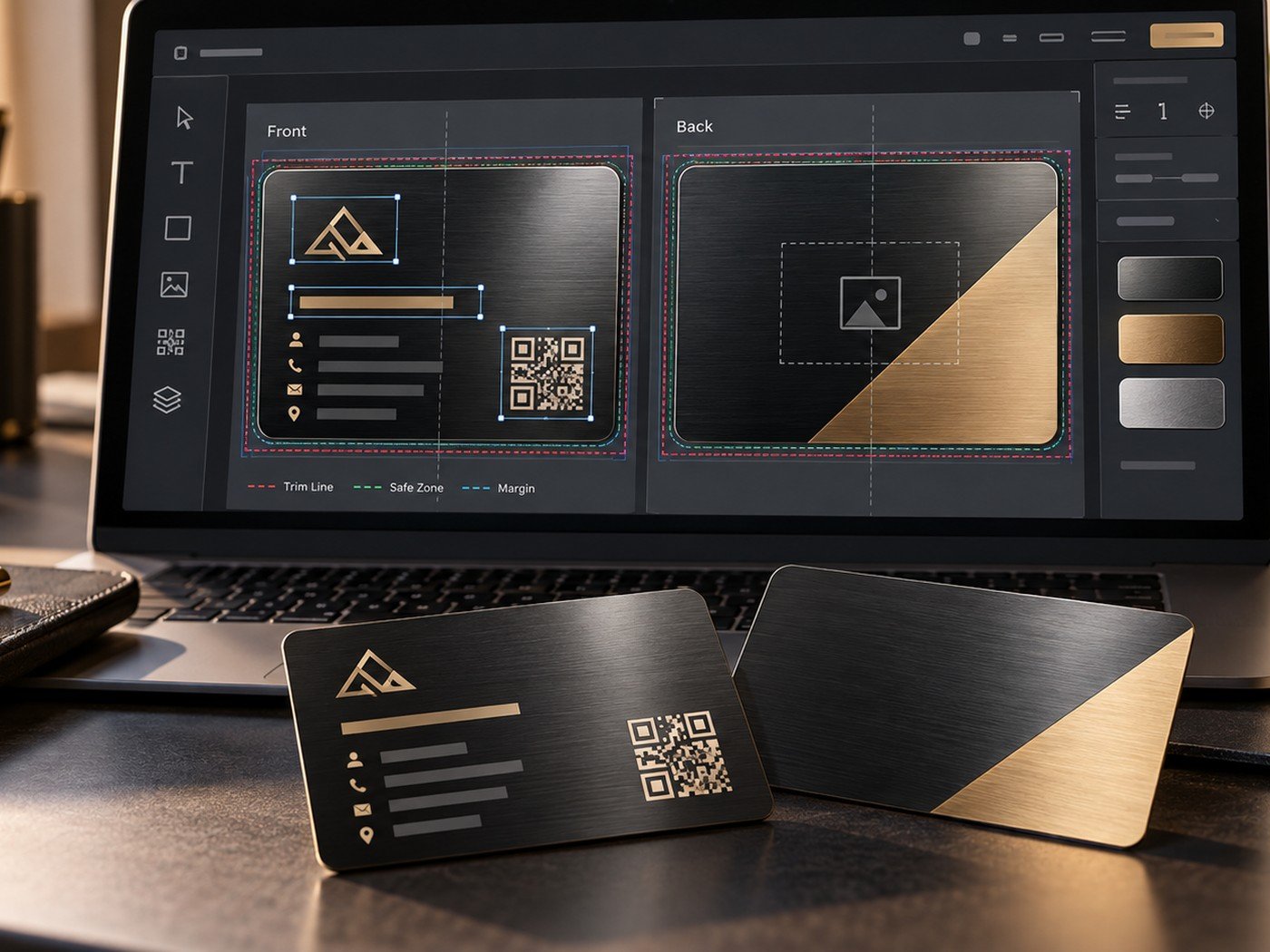 Detailed front and back business card layout with QR code, logo, and safe margins.