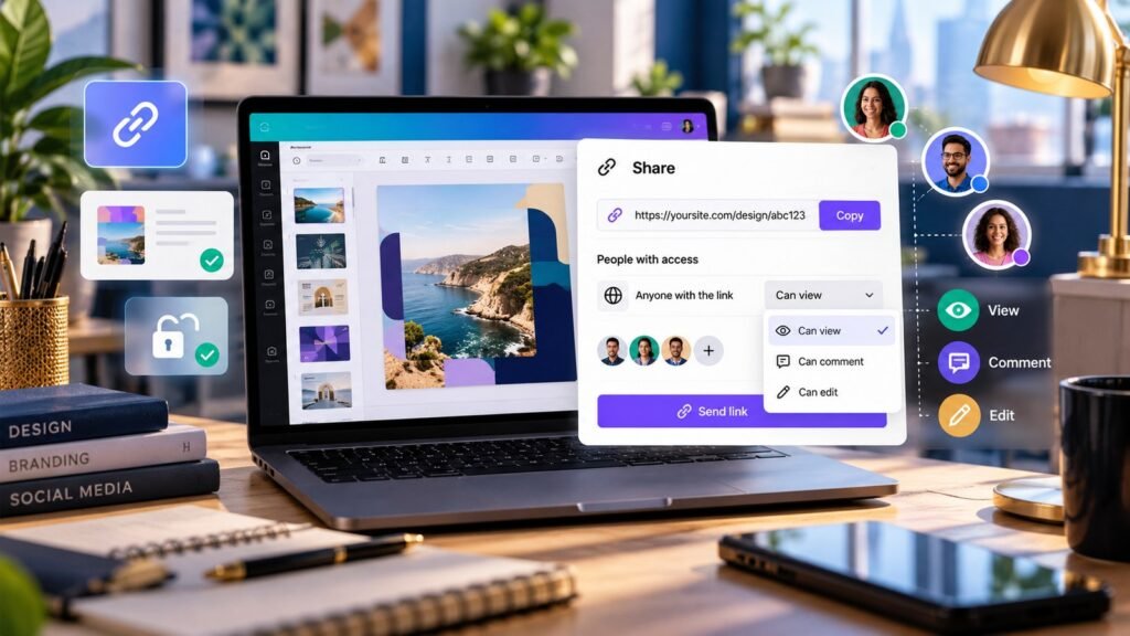 Canva style share link permission panel with view comment and edit access
