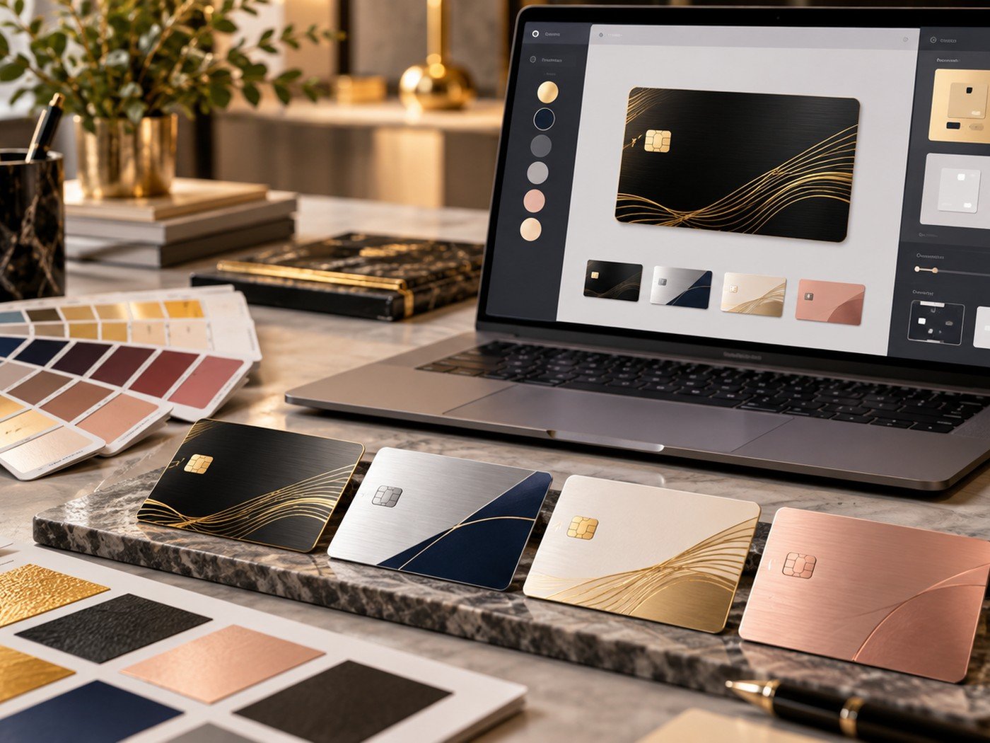 Color swatches and metallic finish comparisons for custom card design.
