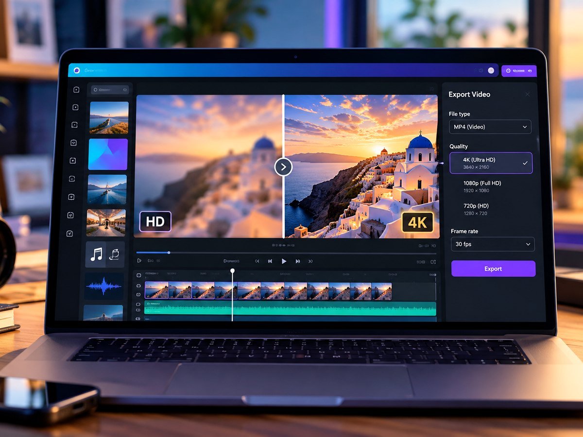 Video export quality controls and sharpness comparison on a laptop