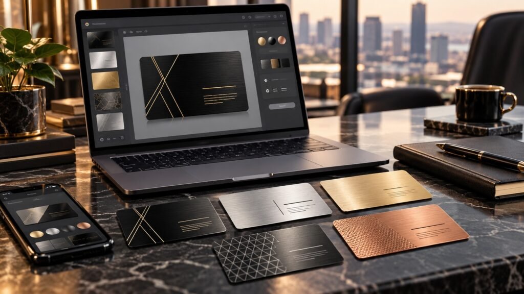 Luxury metal business card workspace with multiple premium style concepts.