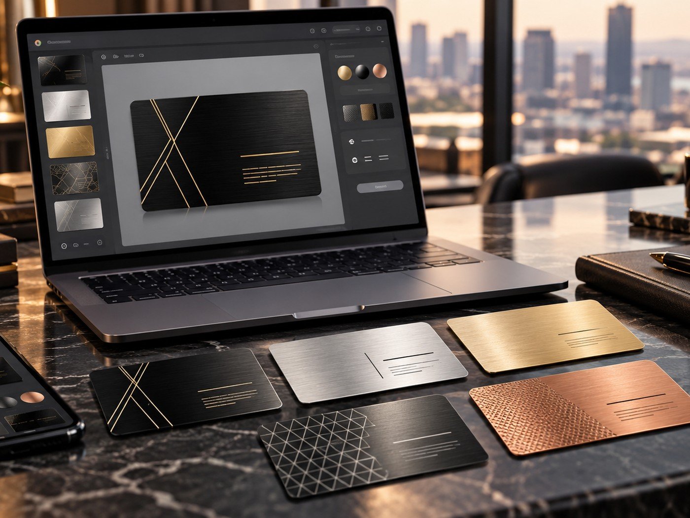 Different premium business card styles displayed on a high-end office desk.