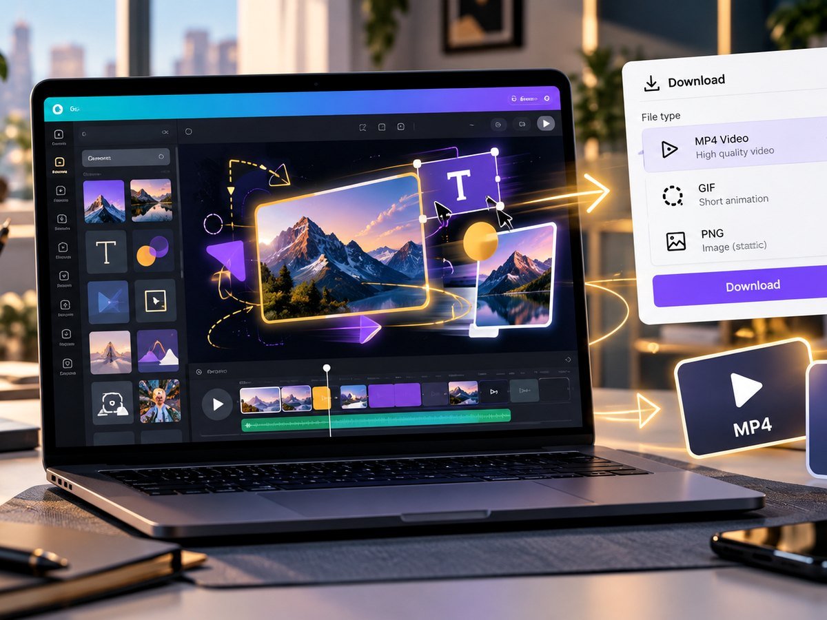 Canva style animation timeline and MP4 GIF download controls