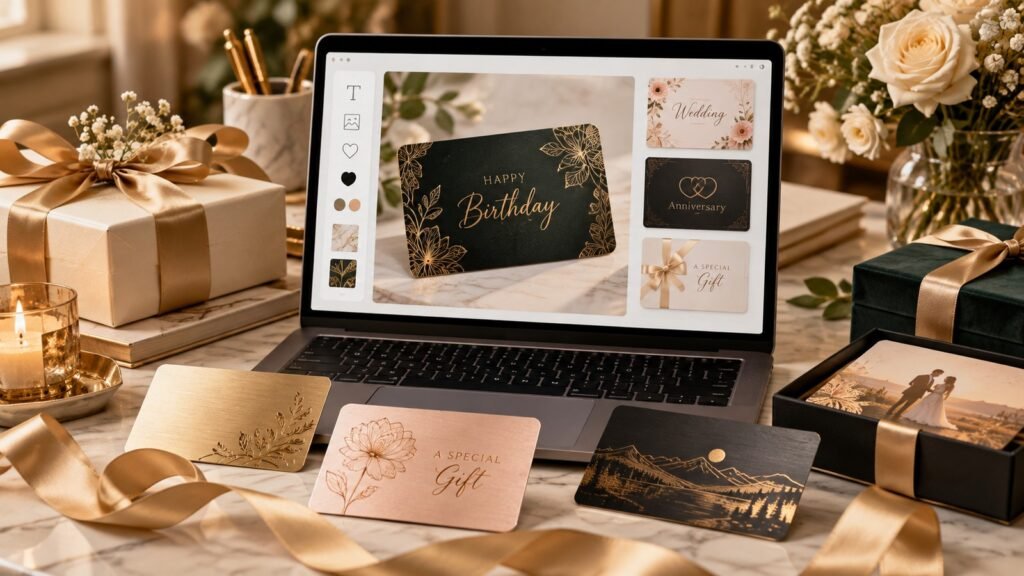 Luxury personalized gift card design workspace with birthday, wedding, and anniversary examples.