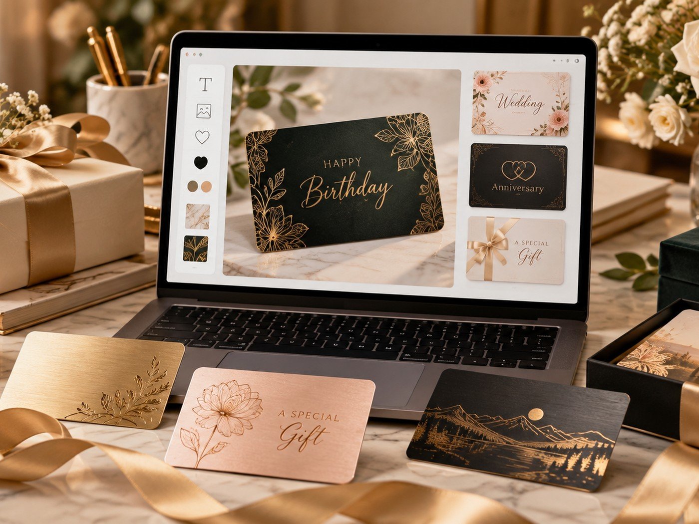 Special occasion metal card examples surrounded by ribbons, flowers, and gift boxes.