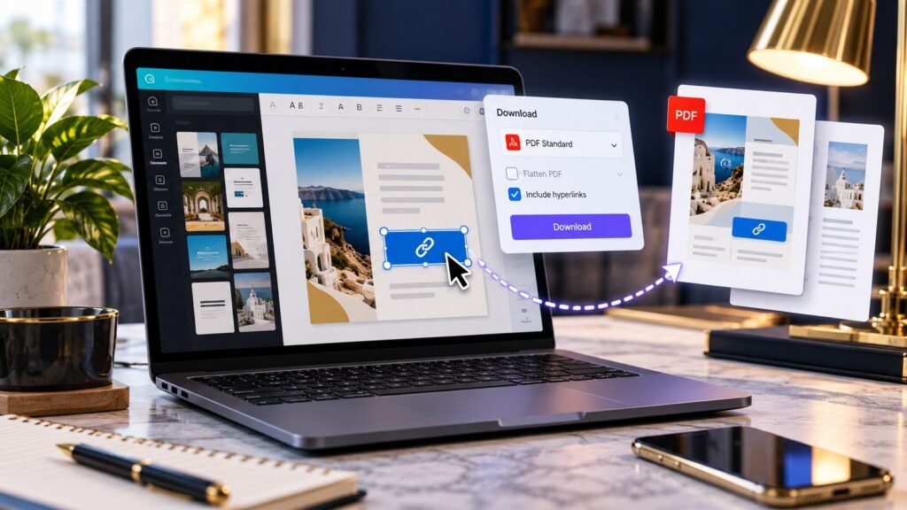 Clickable link and PDF export settings in a design editor
