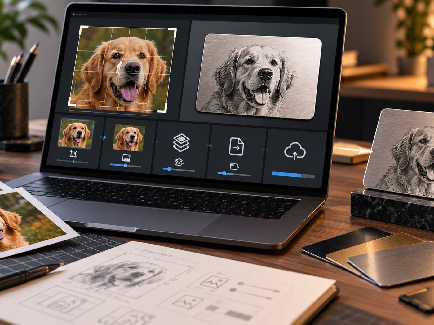Preparing a pet photo and artwork files for a custom engraved metal card.