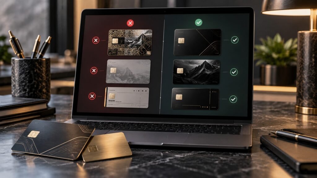 Bad versus good custom metal card design comparisons shown on a laptop screen.