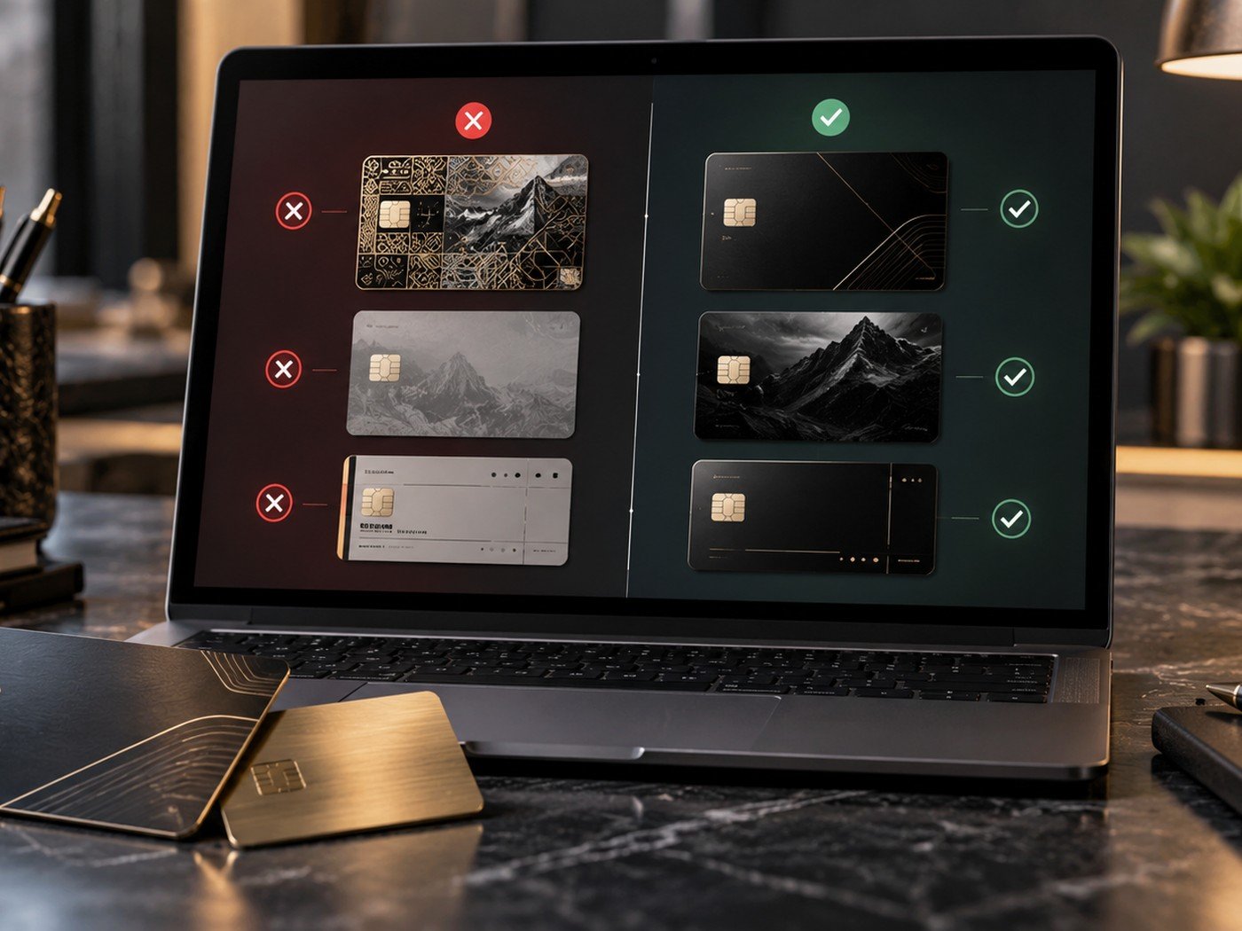 Examples of design mistakes and stronger alternatives for premium card layouts.
