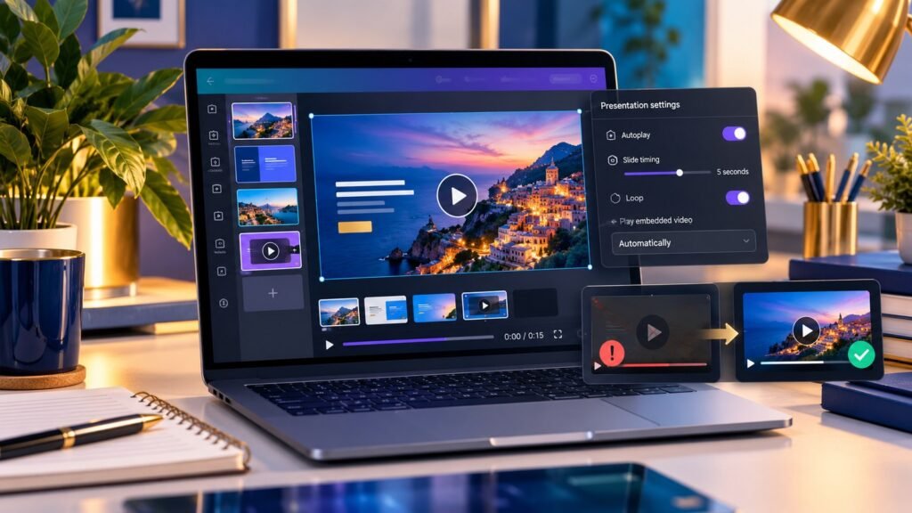Presentation editor with autoplay slide timing and loop controls