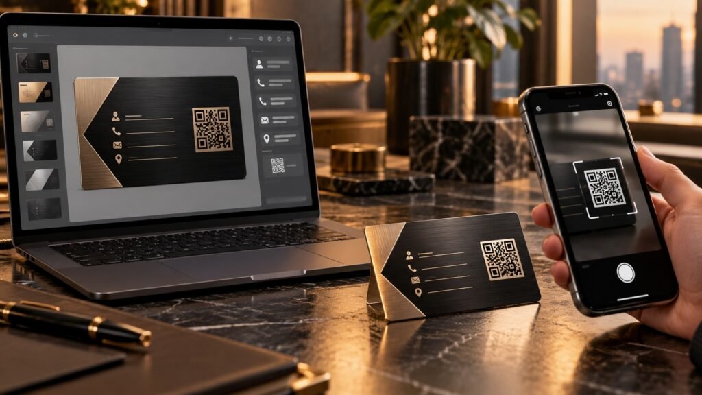 Metal card product review checklist shown on laptop with premium card samples and packaging.