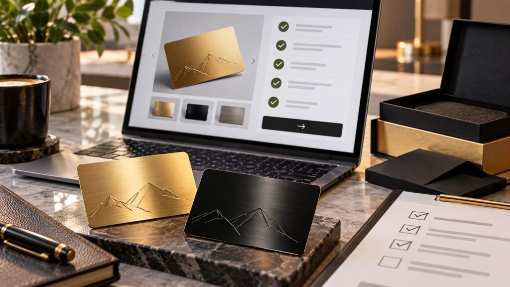 Laptop showing a premium custom metal card design workspace with multiple card style options.