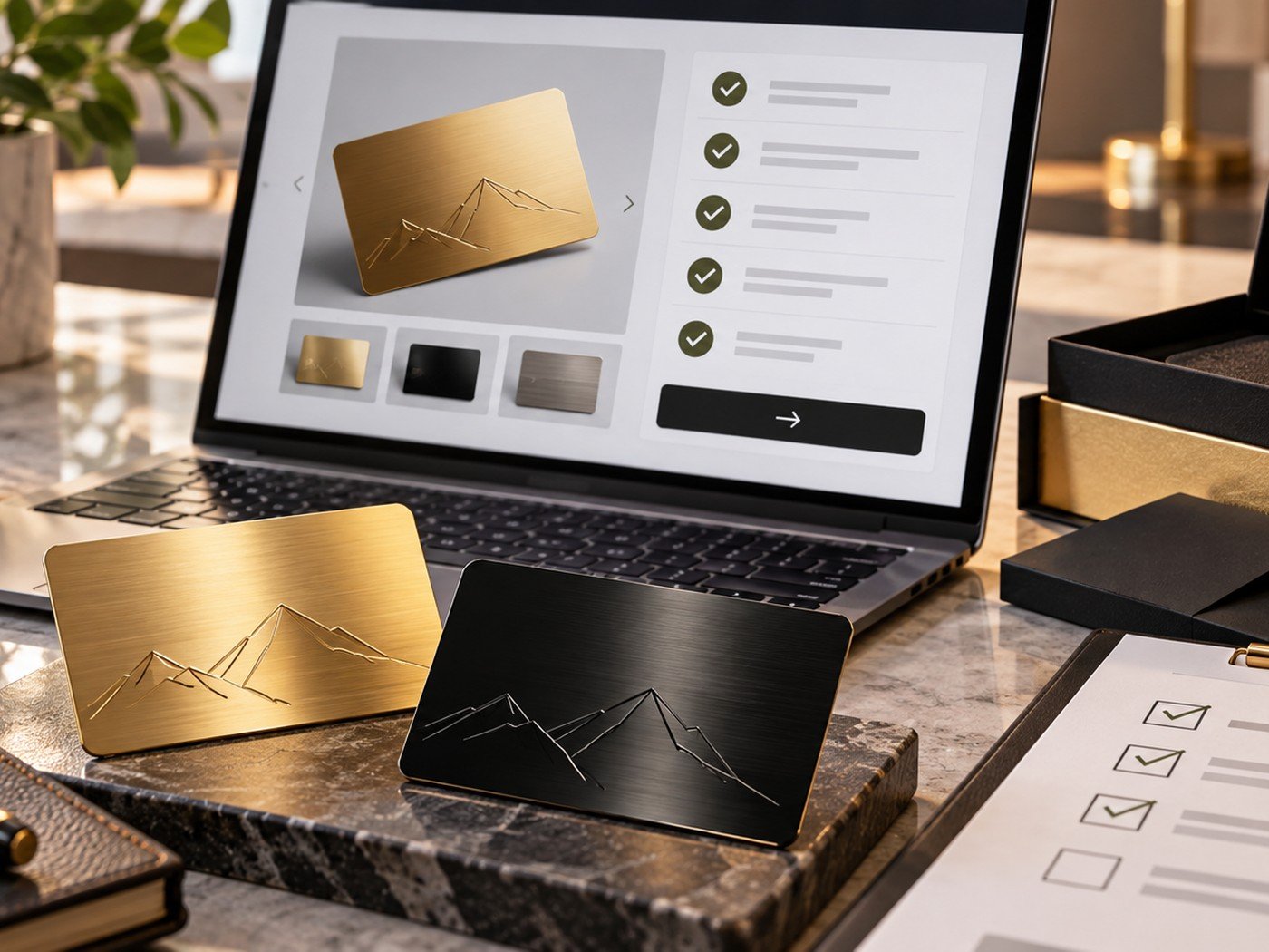 Detailed custom metal card editor view with premium card samples and style variations.