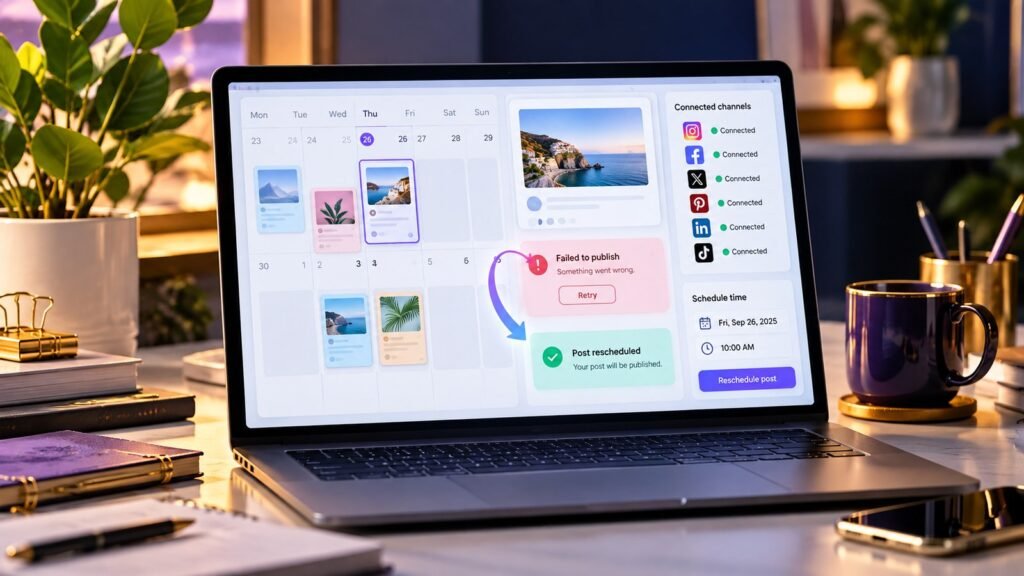 Social media content calendar showing failed and rescheduled post status