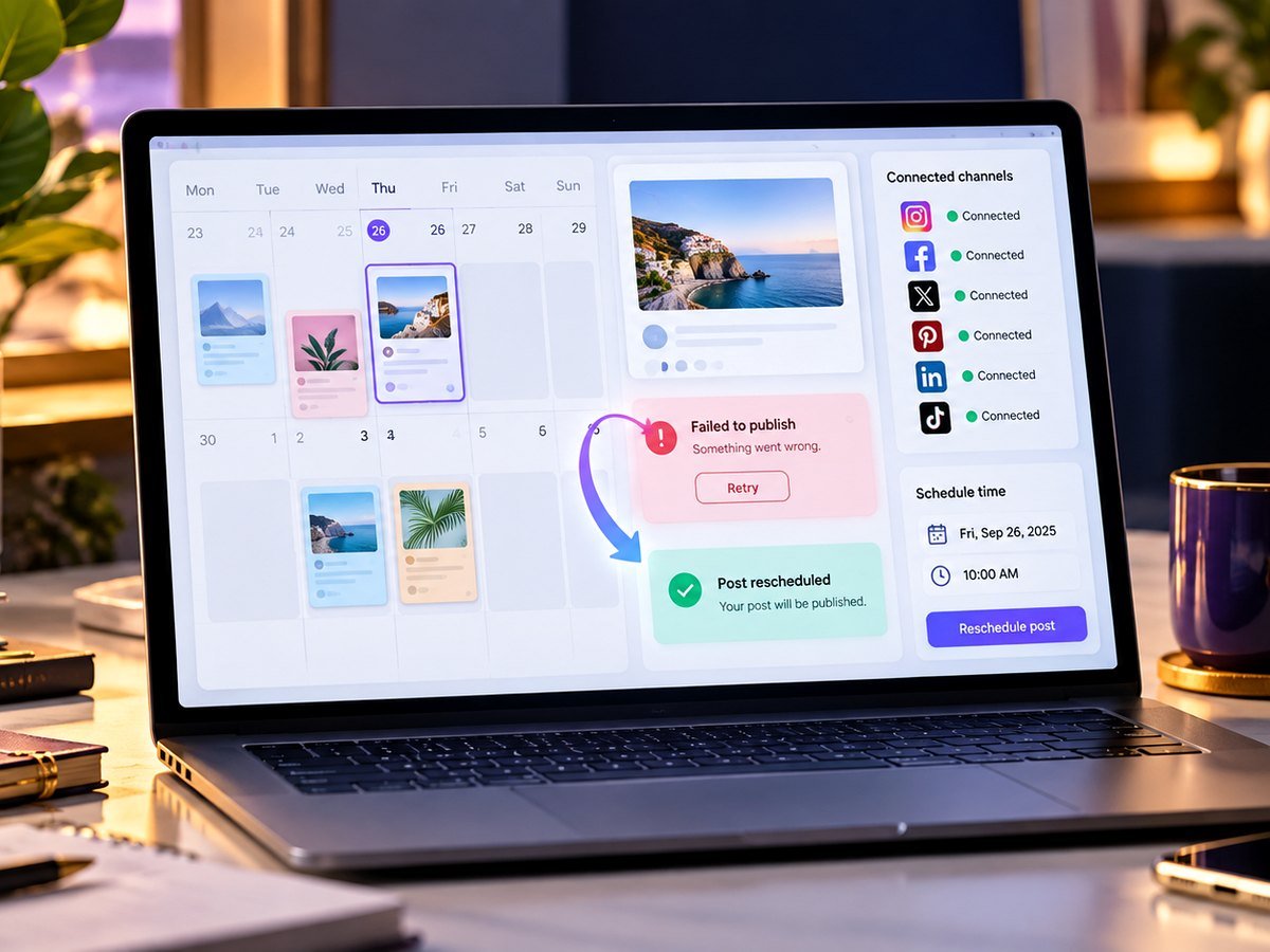 Content planner calendar with connected channels and rescheduled post confirmation