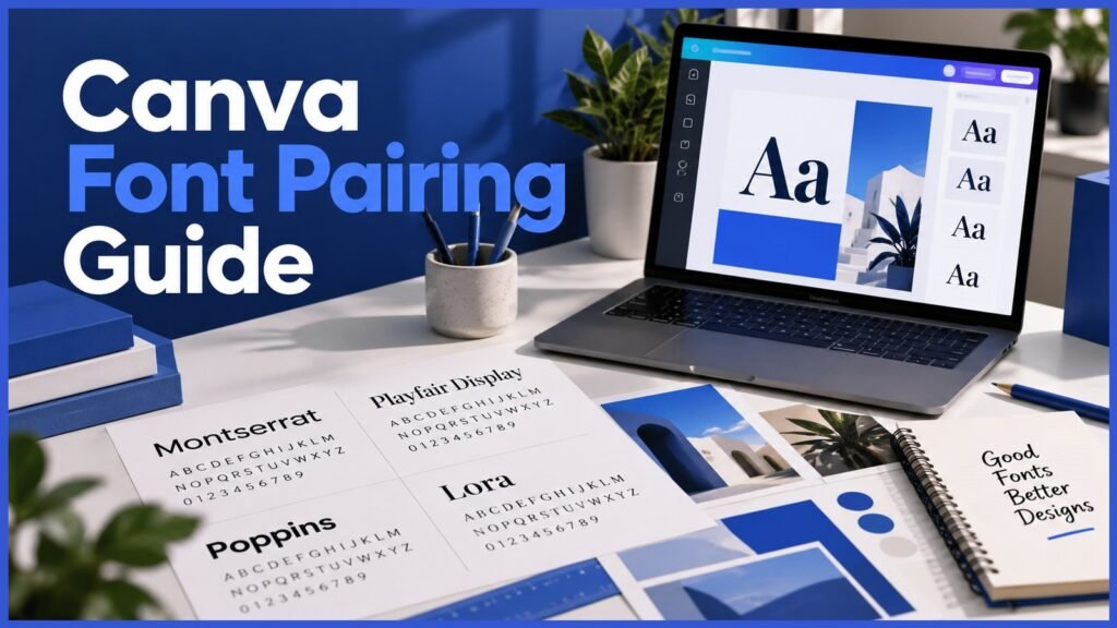 Canva font pairing guide with professional typography samples on a blue design workspace