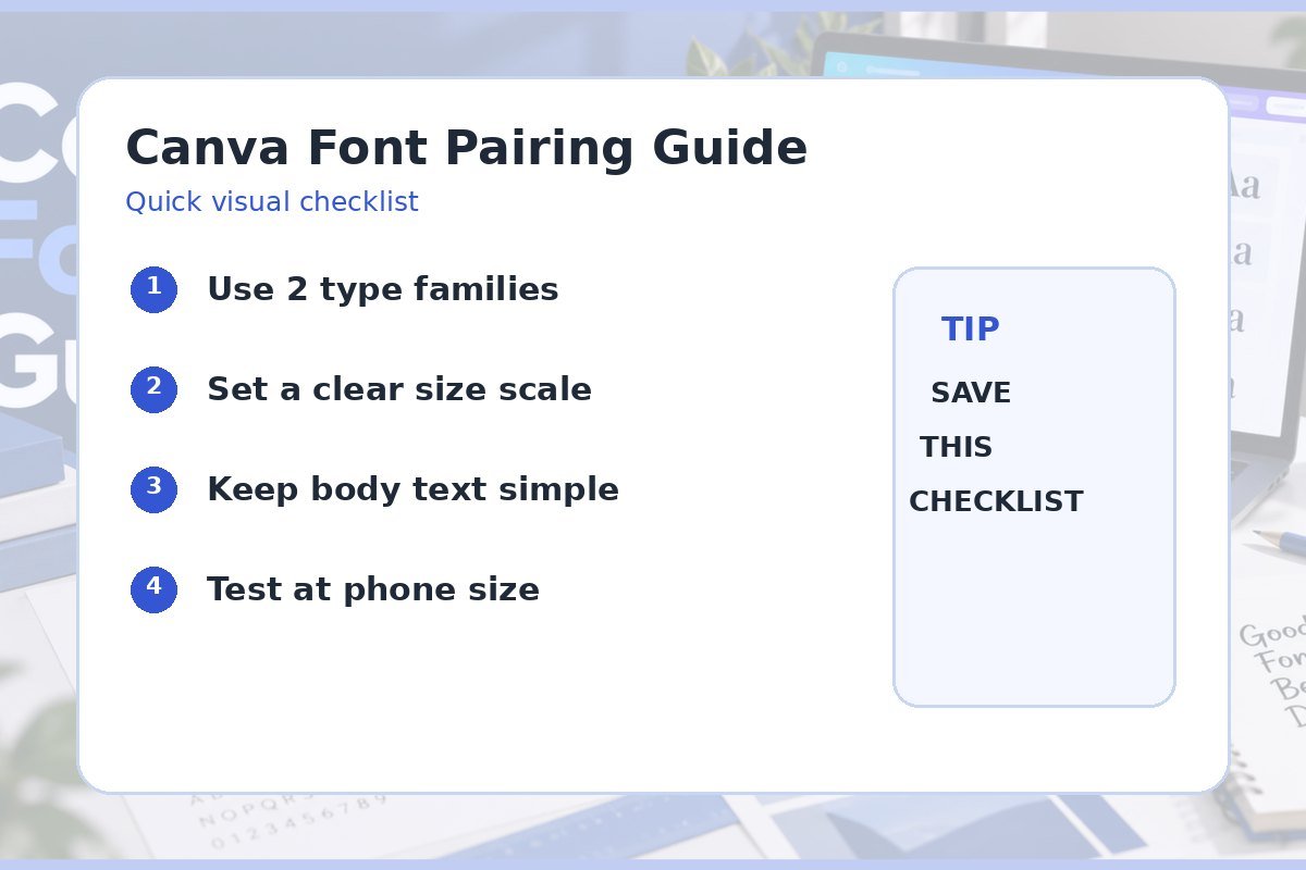 Canva font pairing visual checklist for headings, body text, hierarchy, and mobile testing