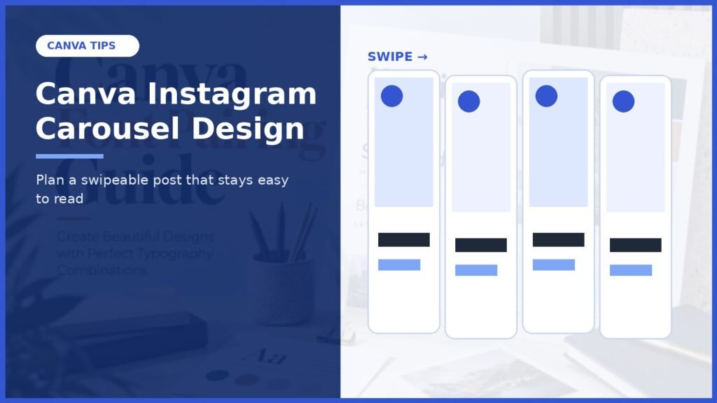 Canva Instagram carousel design cover with four swipeable blue and white social media slides