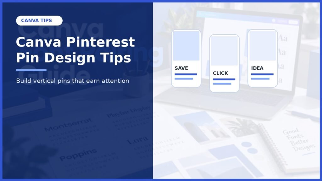 Canva Pinterest pin design tips cover with three clean vertical pin layout mockups