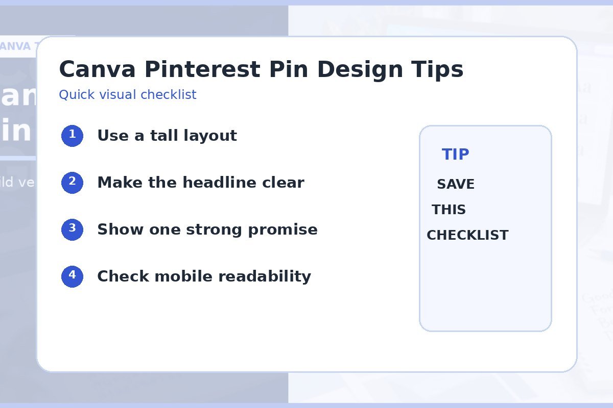 Pinterest pin design checklist for vertical size, headline clarity, visual promise, and mobile readability