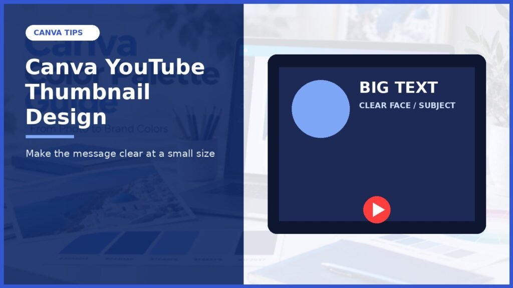 Canva YouTube thumbnail design cover with a dark video thumbnail mockup, bold text, and play icon