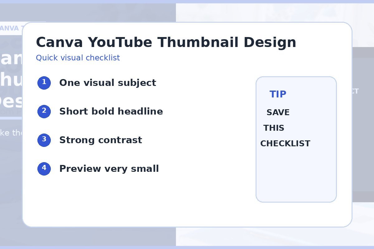 YouTube thumbnail checklist for focal subject, short headline, contrast, and small-size preview