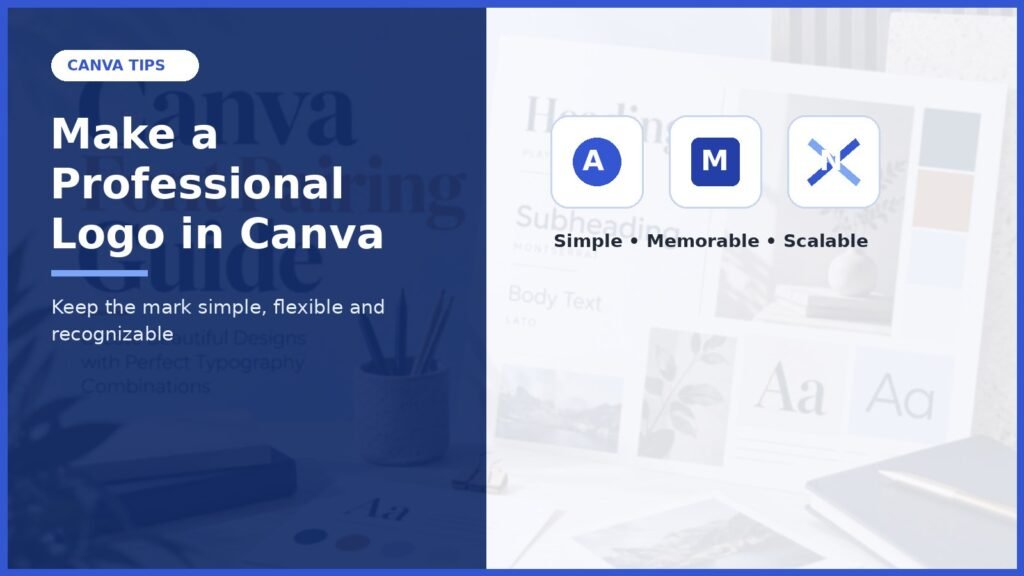 Professional logo design in Canva cover with simple blue icon concepts and clean brand marks