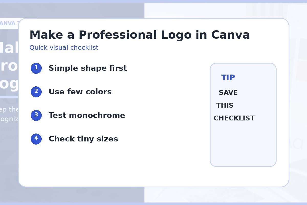 Logo design visual checklist for simple shapes, limited colors, monochrome testing, and small-size checks