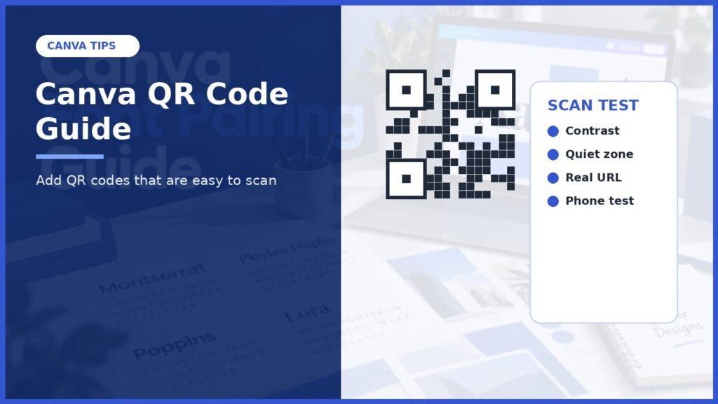 Canva QR code guide cover with a black QR pattern and scan test checklist on a blue and white workspace