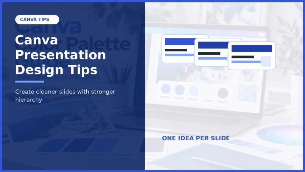 Canva presentation design tips cover with three clean blue and white slide mockups