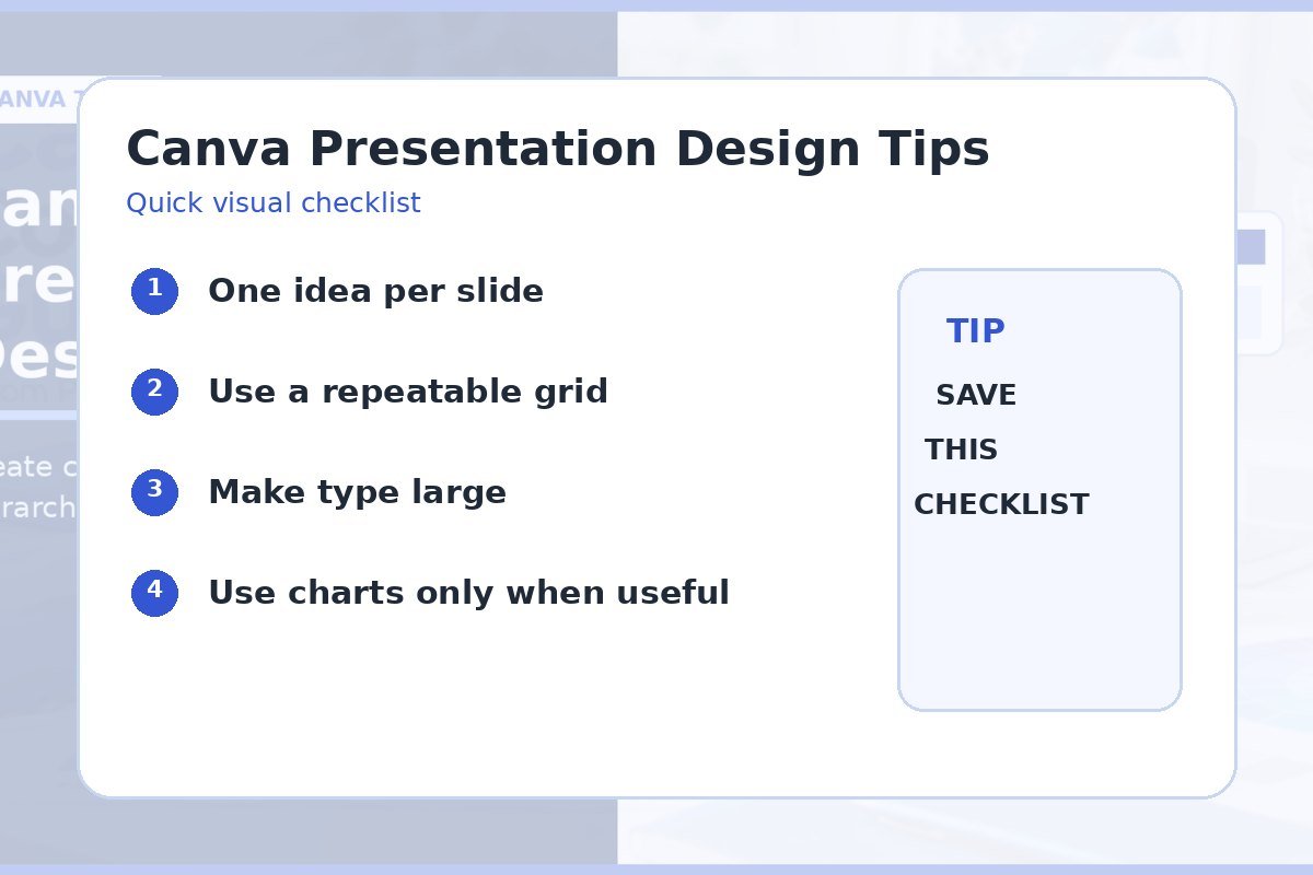 Presentation design checklist for one idea per slide, repeatable grid, large type, and useful charts