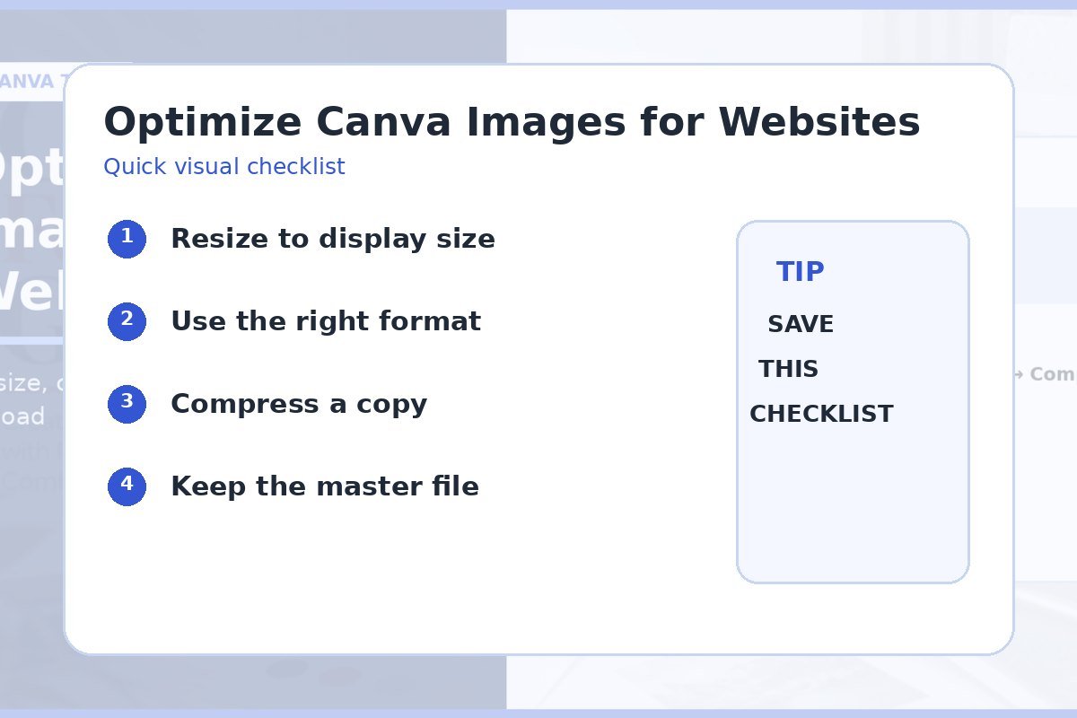 Website image optimization checklist for resize, format choice, compression, and keeping a master file