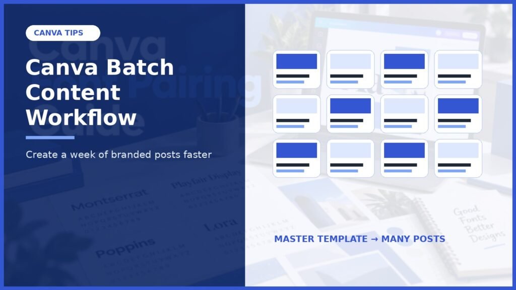 Canva batch content workflow cover with a grid of reusable blue and white social post templates