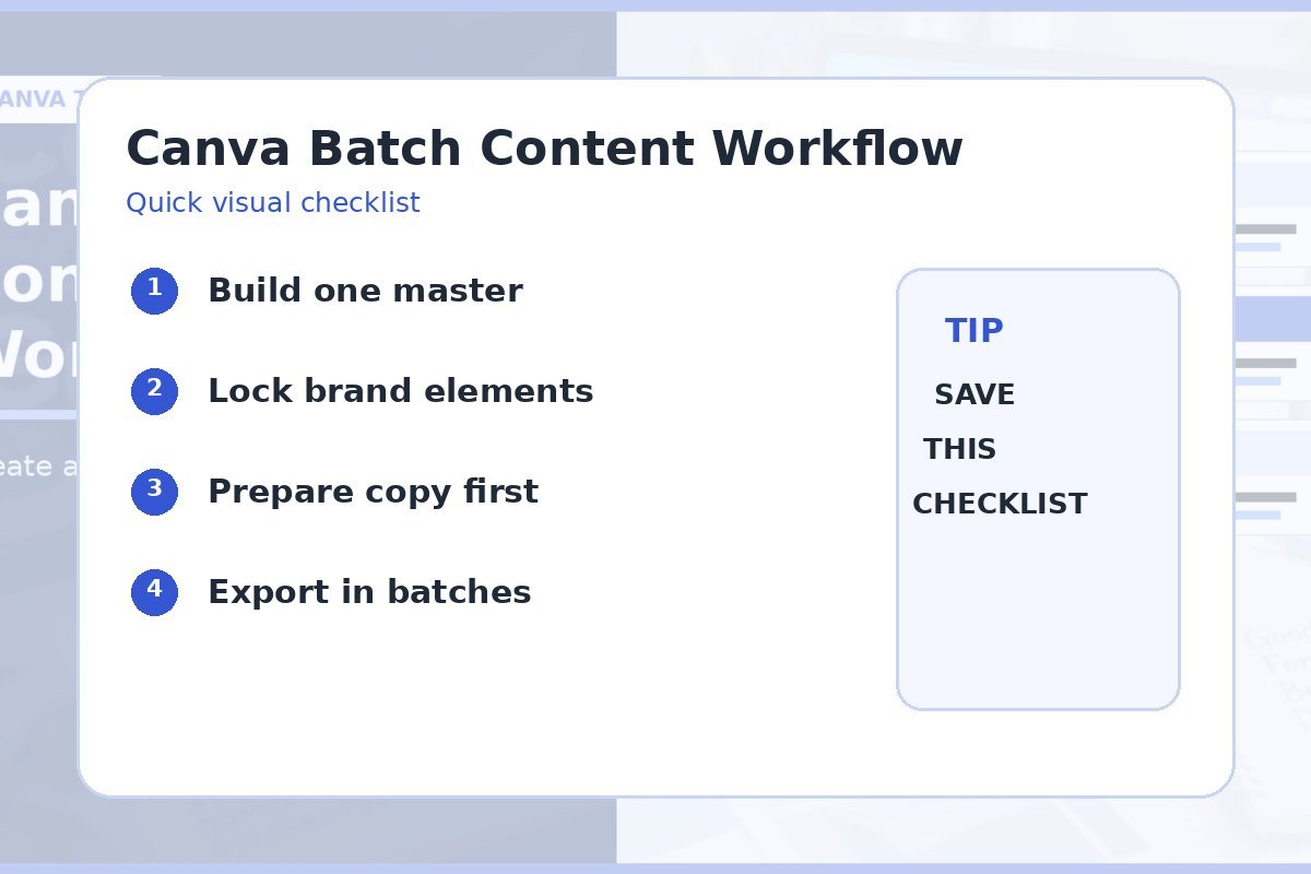 Batch content checklist for master templates, locked brand elements, prepared copy, and grouped exports